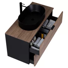 HD Salerno Black-Oak 100/120 fali mosdószekrény tölgyfa színű mosdópulttal és matt fekete fogantyúkkal