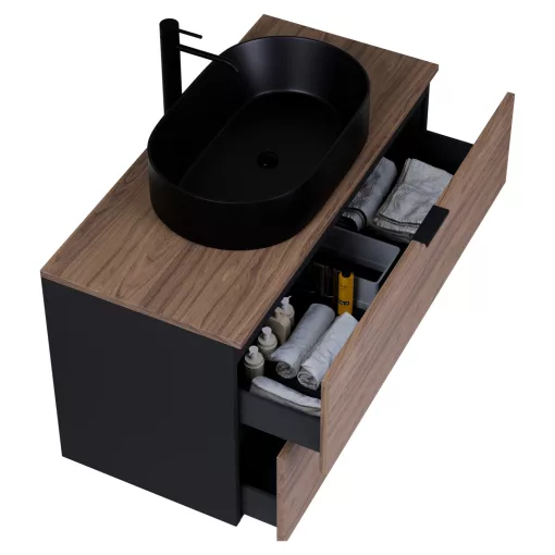 HD Salerno Black-Oak 100/120 fali mosdószekrény tölgyfa színű mosdópulttal és matt fekete fogantyúkkal