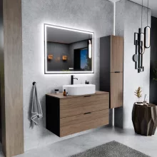 HD Salerno Black-Oak 100/120 fali mosdószekrény tölgyfa színű mosdópulttal és matt fekete fogantyúkkal