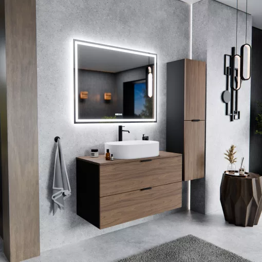 HD Salerno Black-Oak 100/120 fali mosdószekrény tölgyfa színű mosdópulttal és matt fekete fogantyúkkal