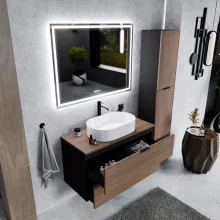 HD Salerno Black-Oak 100/120 fali mosdószekrény tölgyfa színű mosdópulttal és matt fekete fogantyúkkal
