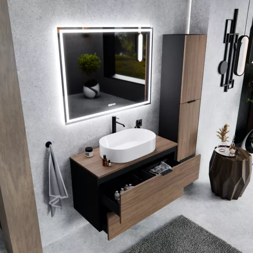 HD Salerno Black-Oak 100/120 fali mosdószekrény tölgyfa színű mosdópulttal és matt fekete fogantyúkkal