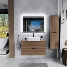 HD Salerno Black-Oak 100/120 fali mosdószekrény tölgyfa színű mosdópulttal és matt fekete fogantyúkkal