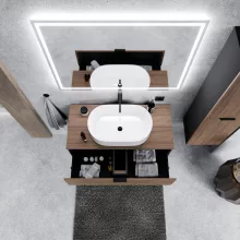 HD Salerno Black-Oak 100/120 fali mosdószekrény tölgyfa színű mosdópulttal és matt fekete fogantyúkkal