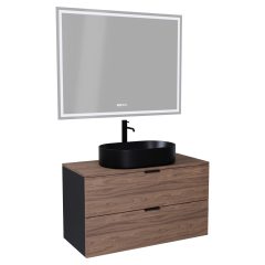   HD Salerno Black-Oak 100/120 komplett fürdőszoba bútor fali mosdószekrénnyel, matt fekete fogantyúkkal, tölgyfa színű mosdópulttal és tükörrel