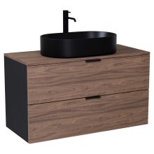 HD Salerno Black-Oak 100/120 komplett fürdőszoba bútor szett fali mosdószekrénnyel, matt fekete fogantyúval, tölgyfa színű mosdópulttal, tükörrel és magasszekrénnyel