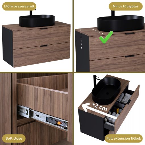 HD Salerno Black-Oak 100/120 komplett fürdőszoba bútor szett fali mosdószekrénnyel, matt fekete fogantyúval, tölgyfa színű mosdópulttal, tükörrel és magasszekrénnyel