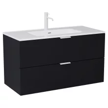 HD Palermo Matt Black 100 komplett fürdőszoba bútor fali mosdószekrénnyel, matt fehér fogantyúkkal, fényes fehér slim mosdóval és tükörrel