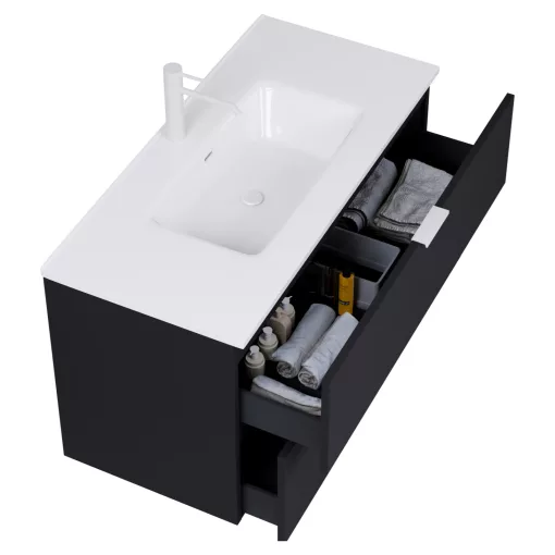 HD Palermo Matt Black 100 komplett fürdőszoba bútor fali mosdószekrénnyel, matt fehér fogantyúkkal, fényes fehér slim mosdóval és tükörrel