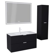 HD Palermo Matt Black 100 komplett fürdőszoba bútor szett fali mosdószekrénnyel, matt fehér fogantyúkkal, fényes fehér slim mosdóval, tükörrel és magasszekrénnyel