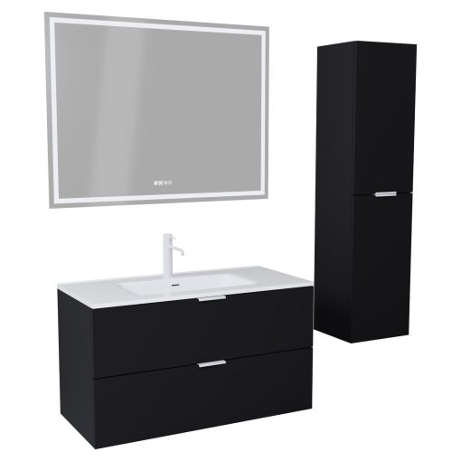 HD Palermo Matt Black 100 komplett fürdőszoba bútor szett fali mosdószekrénnyel, matt fehér fogantyúkkal, fényes fehér slim mosdóval, tükörrel és magasszekrénnyel