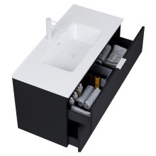 HD Palermo Matt Black 100 komplett fürdőszoba bútor szett fali mosdószekrénnyel, matt fehér fogantyúkkal, fényes fehér slim mosdóval, tükörrel és magasszekrénnyel