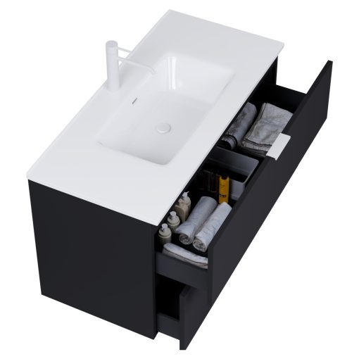 HD Palermo Matt Black 100 komplett fürdőszoba bútor szett fali mosdószekrénnyel, matt fehér fogantyúkkal, fényes fehér slim mosdóval, tükörrel és magasszekrénnyel