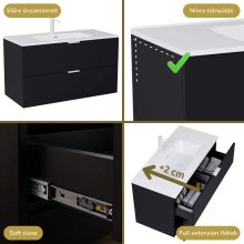 HD Palermo Matt Black 100 komplett fürdőszoba bútor szett fali mosdószekrénnyel, matt fehér fogantyúkkal, fényes fehér slim mosdóval, tükörrel és magasszekrénnyel