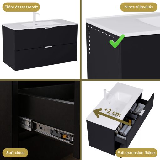 HD Palermo Matt Black 100 komplett fürdőszoba bútor szett fali mosdószekrénnyel, matt fehér fogantyúkkal, fényes fehér slim mosdóval, tükörrel és magasszekrénnyel