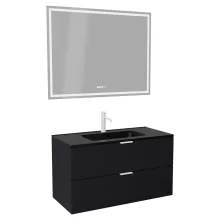 HD Palermo Matt Black 100 komplett fürdőszoba bútor fali mosdószekrénnyel, matt fehér fogantyúkkal, matt fekete slim mosdóval és tükörrel