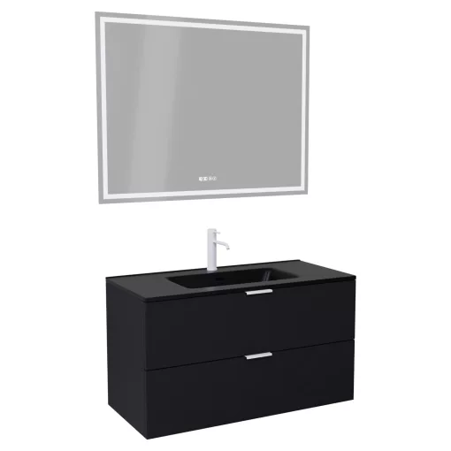 HD Palermo Matt Black 100 komplett fürdőszoba bútor fali mosdószekrénnyel, matt fehér fogantyúkkal, matt fekete slim mosdóval és tükörrel