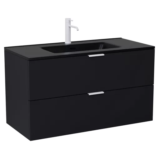 HD Palermo Matt Black 100 komplett fürdőszoba bútor fali mosdószekrénnyel, matt fehér fogantyúkkal, matt fekete slim mosdóval és tükörrel