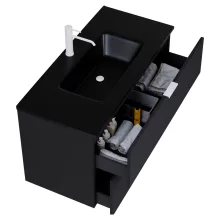 HD Palermo Matt Black 100 komplett fürdőszoba bútor fali mosdószekrénnyel, matt fehér fogantyúkkal, matt fekete slim mosdóval és tükörrel