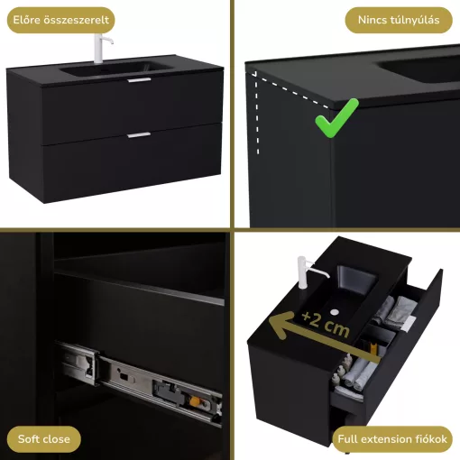 HD Palermo Matt Black 100 komplett fürdőszoba bútor fali mosdószekrénnyel, matt fehér fogantyúkkal, matt fekete slim mosdóval és tükörrel