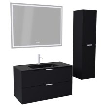 HD Palermo Matt Black 100 komplett fürdőszoba bútor szett fali mosdószekrénnyel, matt fehér fogantyúkkal, matt fekete slim mosdóval, tükörrel és magasszekrénnyel