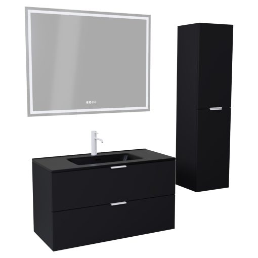 HD Palermo Matt Black 100 komplett fürdőszoba bútor szett fali mosdószekrénnyel, matt fehér fogantyúkkal, matt fekete slim mosdóval, tükörrel és magasszekrénnyel