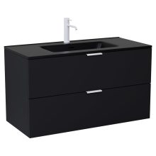 HD Palermo Matt Black 100 komplett fürdőszoba bútor szett fali mosdószekrénnyel, matt fehér fogantyúkkal, matt fekete slim mosdóval, tükörrel és magasszekrénnyel