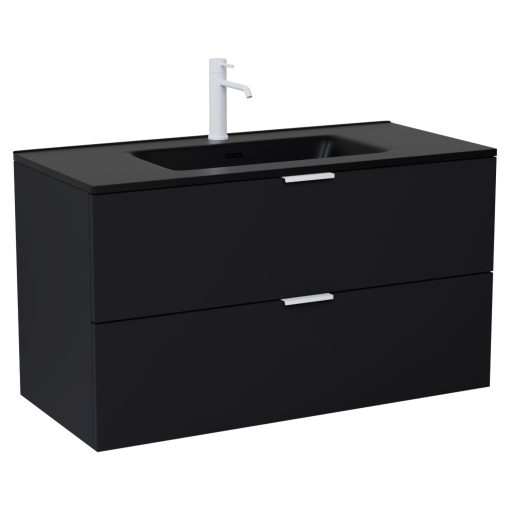 HD Palermo Matt Black 100 komplett fürdőszoba bútor szett fali mosdószekrénnyel, matt fehér fogantyúkkal, matt fekete slim mosdóval, tükörrel és magasszekrénnyel