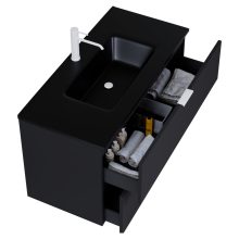 HD Palermo Matt Black 100 komplett fürdőszoba bútor szett fali mosdószekrénnyel, matt fehér fogantyúkkal, matt fekete slim mosdóval, tükörrel és magasszekrénnyel