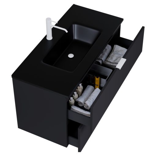 HD Palermo Matt Black 100 komplett fürdőszoba bútor szett fali mosdószekrénnyel, matt fehér fogantyúkkal, matt fekete slim mosdóval, tükörrel és magasszekrénnyel