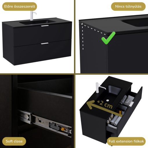 HD Palermo Matt Black 100 komplett fürdőszoba bútor szett fali mosdószekrénnyel, matt fehér fogantyúkkal, matt fekete slim mosdóval, tükörrel és magasszekrénnyel