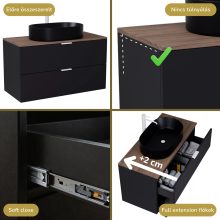 HD Salerno Matt Black 100 fali mosdószekrény tölgyfa színű mosdópulttal és matt fehér fogantyúkkal