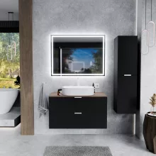 HD Salerno Matt Black 100 fali mosdószekrény tölgyfa színű mosdópulttal és matt fehér fogantyúkkal