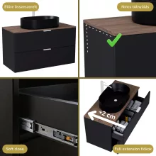 HD Salerno Matt Black 100 fali mosdószekrény tölgyfa színű mosdópulttal és matt fehér fogantyúkkal
