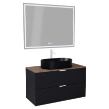 HD Salerno Matt Black 100 komplett fürdőszoba bútor fali mosdószekrénnyel, matt fehér fogantyúkkal, tölgyfa színű mosdópulttal és tükörrel