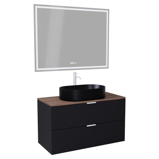 HD Salerno Matt Black 100 komplett fürdőszoba bútor fali mosdószekrénnyel, matt fehér fogantyúkkal, tölgyfa színű mosdópulttal és tükörrel