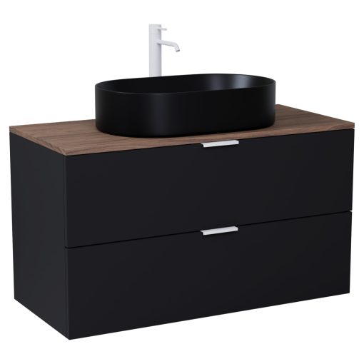 HD Salerno Matt Black 100 komplett fürdőszoba bútor fali mosdószekrénnyel, matt fehér fogantyúkkal, tölgyfa színű mosdópulttal és tükörrel