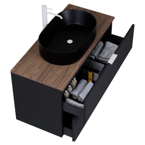 HD Salerno Matt Black 100 komplett fürdőszoba bútor fali mosdószekrénnyel, matt fehér fogantyúkkal, tölgyfa színű mosdópulttal és tükörrel