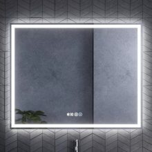 HD Salerno Matt Black 100 komplett fürdőszoba bútor fali mosdószekrénnyel, matt fehér fogantyúkkal, tölgyfa színű mosdópulttal és tükörrel