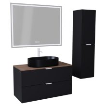 HD Salerno Matt Black 100 komplett fürdőszoba bútor szett fali mosdószekrénnyel, matt fehér fogantyúval, tölgyfa színű mosdópulttal, tükörrel és magasszekrénnyel