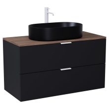 HD Salerno Matt Black 100 komplett fürdőszoba bútor szett fali mosdószekrénnyel, matt fehér fogantyúval, tölgyfa színű mosdópulttal, tükörrel és magasszekrénnyel