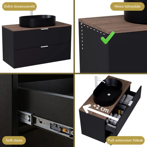 HD Salerno Matt Black 100 komplett fürdőszoba bútor szett fali mosdószekrénnyel, matt fehér fogantyúval, tölgyfa színű mosdópulttal, tükörrel és magasszekrénnyel