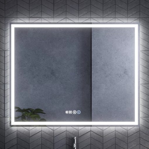 HD Salerno Matt Black 100 komplett fürdőszoba bútor szett fali mosdószekrénnyel, matt fehér fogantyúval, tölgyfa színű mosdópulttal, tükörrel és magasszekrénnyel