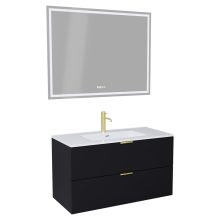 HD Palermo Matt Black 100 komplett fürdőszoba bútor fali mosdószekrénnyel, szálcsiszolt arany fogantyúkkal, fényes fehér slim mosdóval és tükörrel