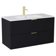 HD Palermo Matt Black 100 komplett fürdőszoba bútor fali mosdószekrénnyel, szálcsiszolt arany fogantyúkkal, fényes fehér slim mosdóval és tükörrel