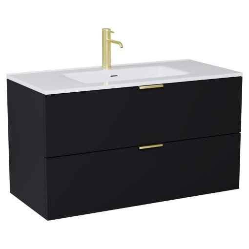 HD Palermo Matt Black 100 komplett fürdőszoba bútor fali mosdószekrénnyel, szálcsiszolt arany fogantyúkkal, fényes fehér slim mosdóval és tükörrel