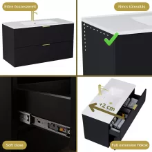 HD Palermo Matt Black 100 komplett fürdőszoba bútor fali mosdószekrénnyel, szálcsiszolt arany fogantyúkkal, fényes fehér slim mosdóval és tükörrel