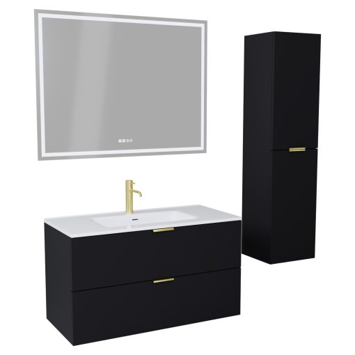 HD Palermo Matt Black 100 komplett fürdőszoba bútor szett fali mosdószekrénnyel, szálcsiszolt arany fogantyúkkal, fényes fehér slim mosdóval, tükörrel és magasszekrénnyel