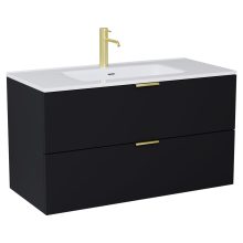 HD Palermo Matt Black 100 komplett fürdőszoba bútor szett fali mosdószekrénnyel, szálcsiszolt arany fogantyúkkal, fényes fehér slim mosdóval, tükörrel és magasszekrénnyel
