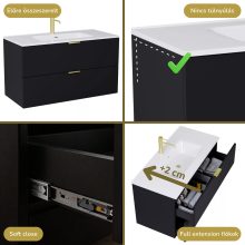 HD Palermo Matt Black 100 komplett fürdőszoba bútor szett fali mosdószekrénnyel, szálcsiszolt arany fogantyúkkal, fényes fehér slim mosdóval, tükörrel és magasszekrénnyel